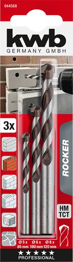 Drei Bohrer für Beton, Mauerwerk und Ziegel mit Größen 5, 6 und 8 mm in einer Verpackung von KWB Germany, Modell Rocker.