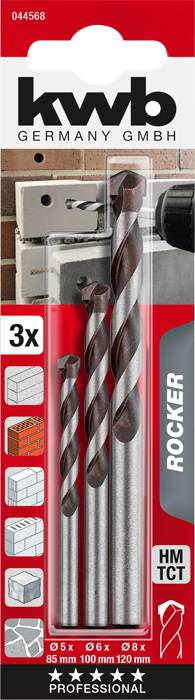 Drei KWB-Bohrer für Beton, Metall und Ziegel in verschiedenen Größen. Verpackung zeigt Bohrer und Anwendungsbilder für verschiedene Materialien.