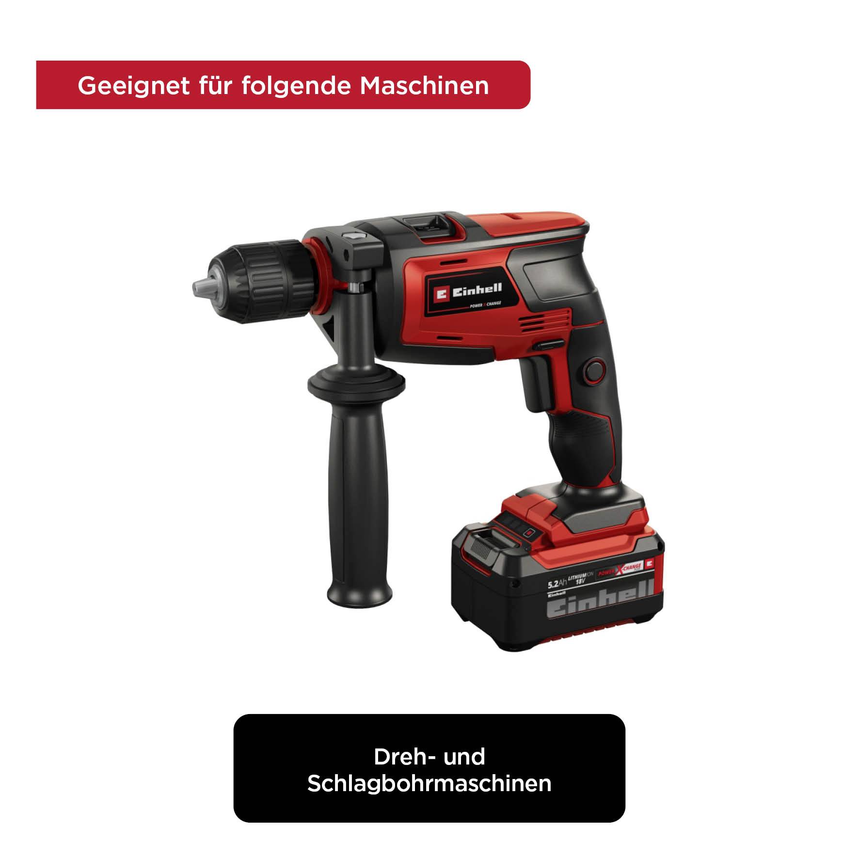 Akkuschlagschrauber der Marke Einhell mit rotem und schwarzem Design, geeignet für Dreh- und Schlagbohrmaschinen.