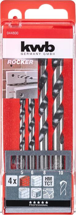 Bohrer-Set in rotem Etui mit Abbildung: 4 Bohrer für Metall, Holz und Beton. Größen: 5, 6, 8, 10 mm. Marke: kwb Germany.