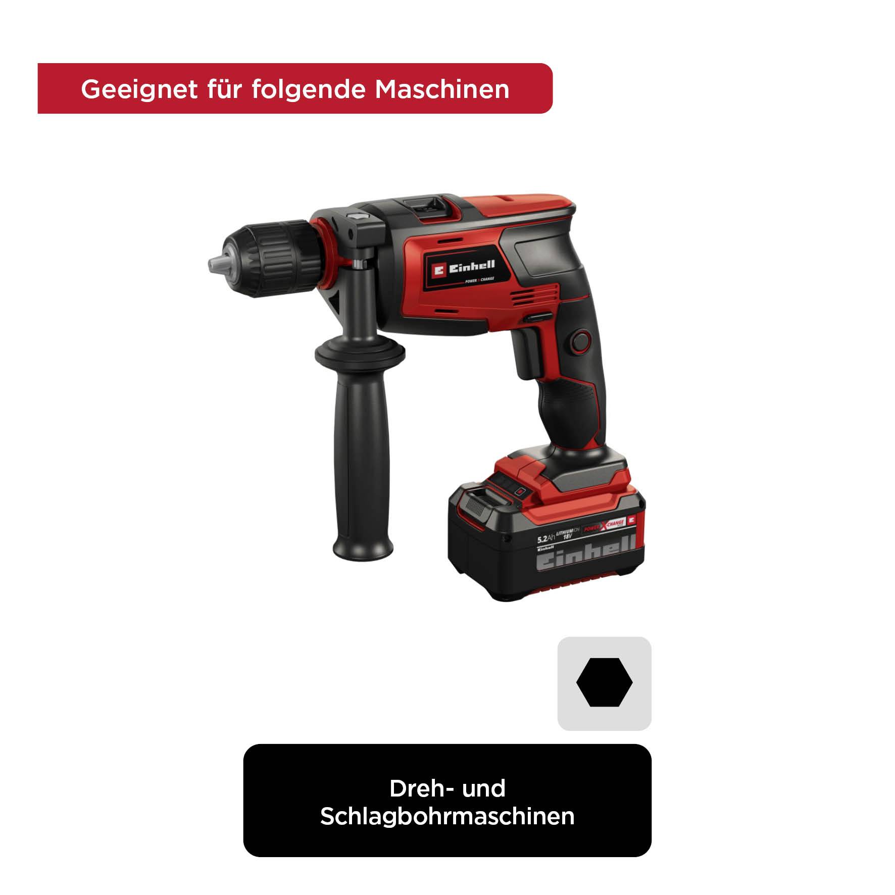 'Geeignet für folgende Maschinen. Dreh- und Schlagbohrmaschinen.' Ein roter und schwarzer Akkubohrer mit Zusatzgriff, Markenname sichtbar.