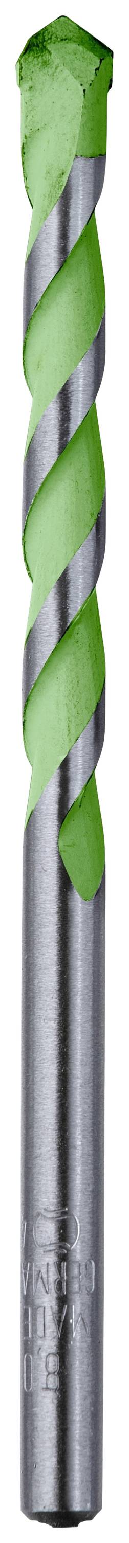 Grüner und silberner Spiralbohrer mit glatter Metalloberfläche. Hauptsächlich für präzises Bohren in Holz oder Metall geeignet.
