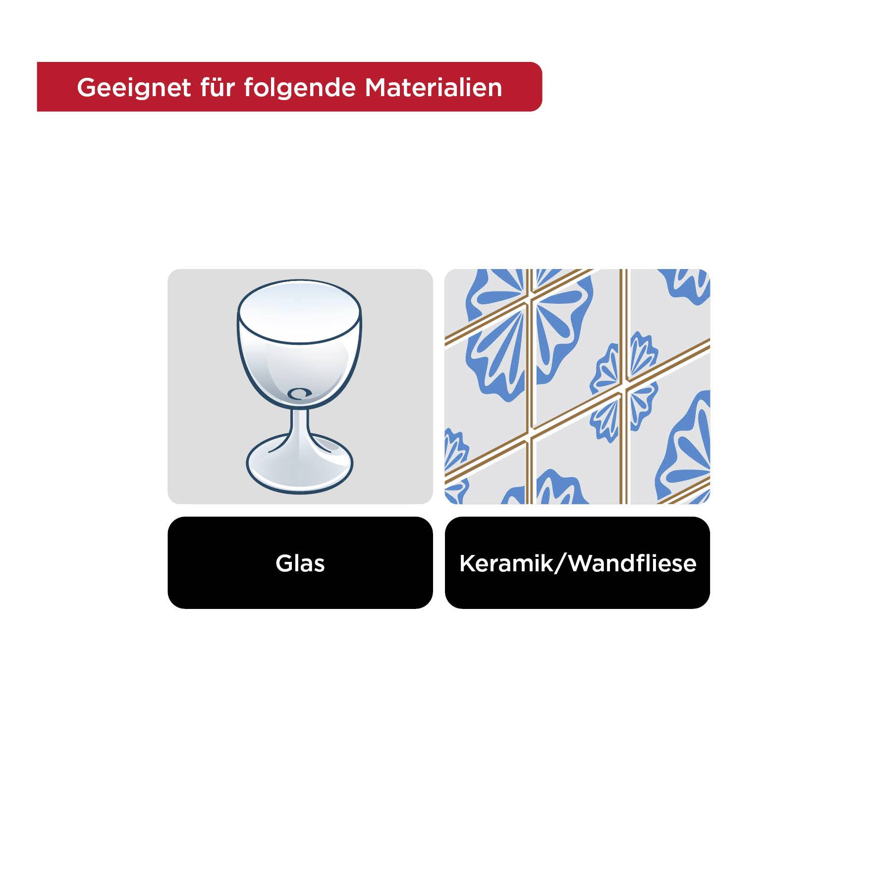 'Geeignet für folgende Materialien: Glas, Keramik/Wandfliese.' Abbildung zeigt ein Glas und eine Fliese mit dekorativem Muster.