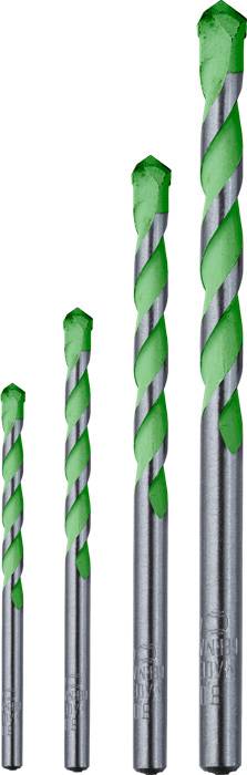 Vier grüne Bohrer in verschiedenen Größen sind senkrecht aufgestellt.