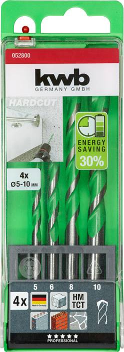 Bohrer-Set-Verpackung mit vier Bohrern (5-10 mm), Bildanleitung, Energieeinsparhinweis, Marke 'kwb GERMANY GMBH'.