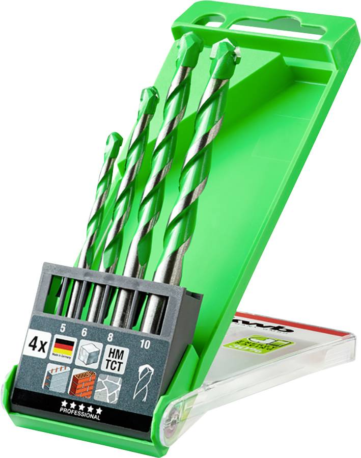 Ein Set aus vier grünen Bohrern in einer grünen Kunststoffverpackung. Die Bohrer haben verschiedene Größen: 5, 6, 8 und 10 mm.