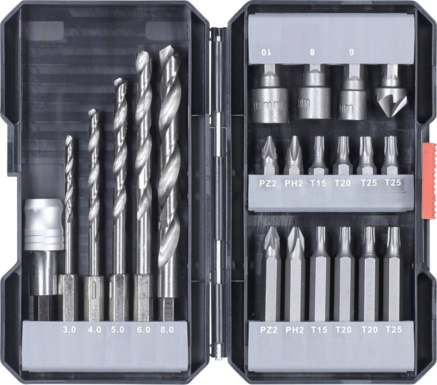 Bohrer- und Bit-Set mit verschiedenen Größen und Typen, ordentlich in einem offenen schwarzen Etui angeordnet. Metrische und phillips Bits sichtbar.
