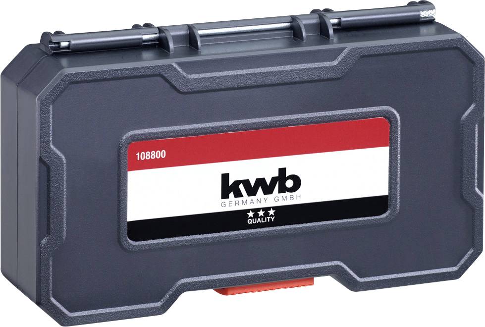 Schwarzer Koffer mit Labels von 'kwb Germany GmbH' und 'Quality'. Enthält Werkzeuge, transportabel mit Griff oben.