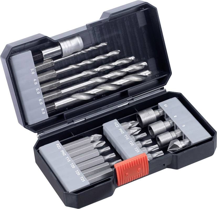 Ein offener Koffer mit verschiedenen Bohrer- und Schraubendrehereinsätzen, sortiert nach Größen, für Heimwerkerzwecke.