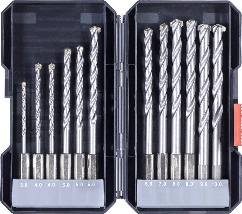 Bohrerset mit zwölf Metallbohrern in verschiedenen Größen von 3,0 mm bis 10,0 mm, in einem offenen Kunststoffetui.