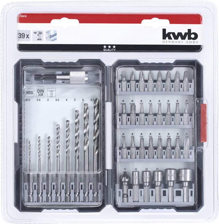 Satz von Bohr- und Schrauberbits in einer transparenten Kunststoffverpackung, markiert mit kwb Germany GmbH, 39 Teile.