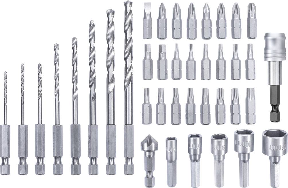 Metallbohrer- und Schrauberbit-Set, bestehend aus diversen Bohrern und Bits. Verschiedene Größen und Formen, silberne Farbe.