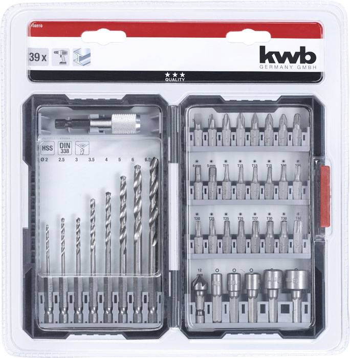 Bohrer- und Bit-Satz, 39-teilig, inklusive Bohrer, Bits und Stecknüsse in einem Kunststoffkoffer, geeignet für diverse Heimwerkerarbeiten.