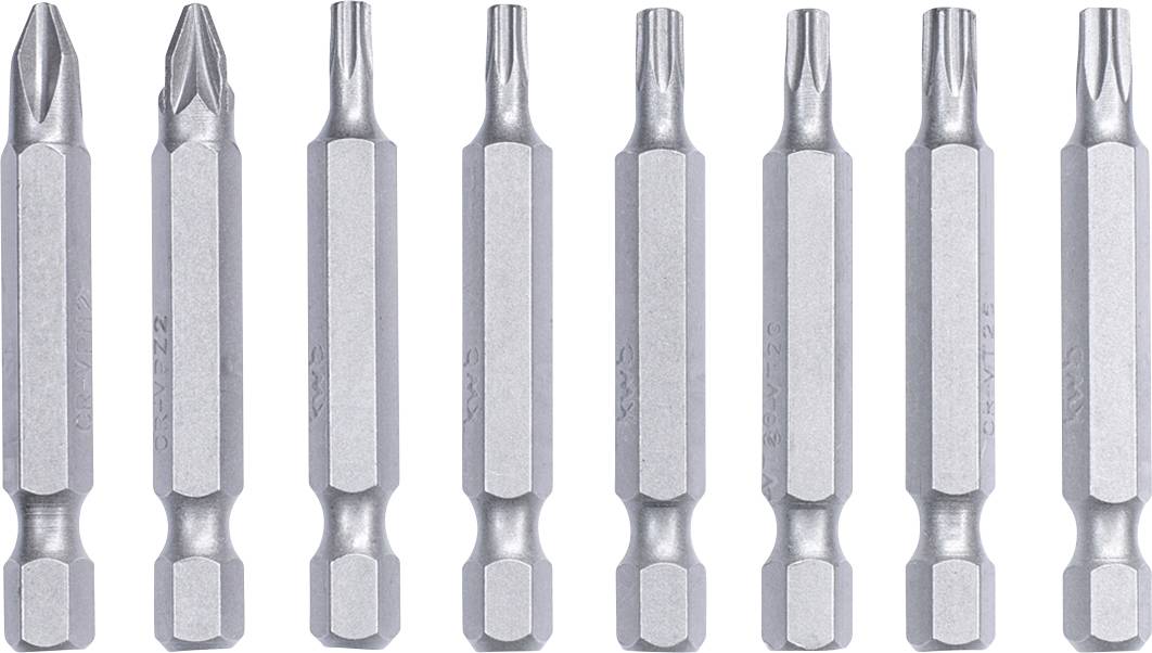 Acht silberne Schraubendrehereinsätze in einer Reihe, jeweils mit verschiedenen Spitzenformen und Größen.