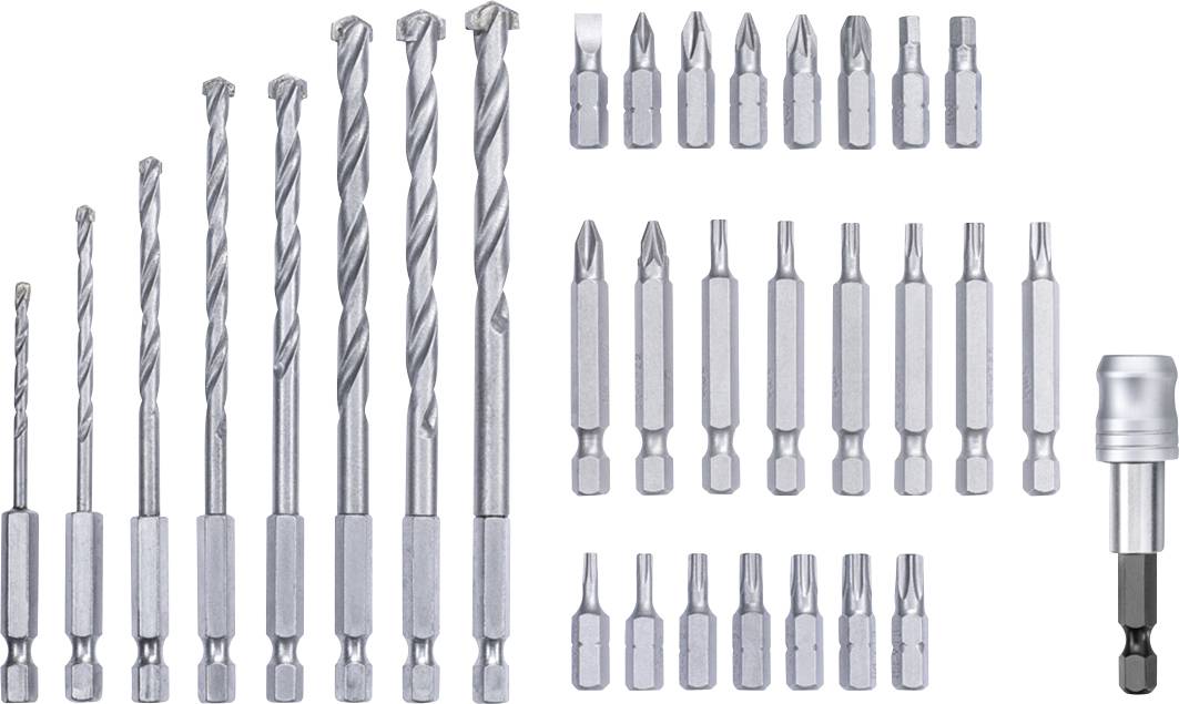 Verschiedene Bohrer und Schraubendreher-Bits in unterschiedlichen Größen und Formen, geordnet nach Größe, für vielseitige Anwendungen.
