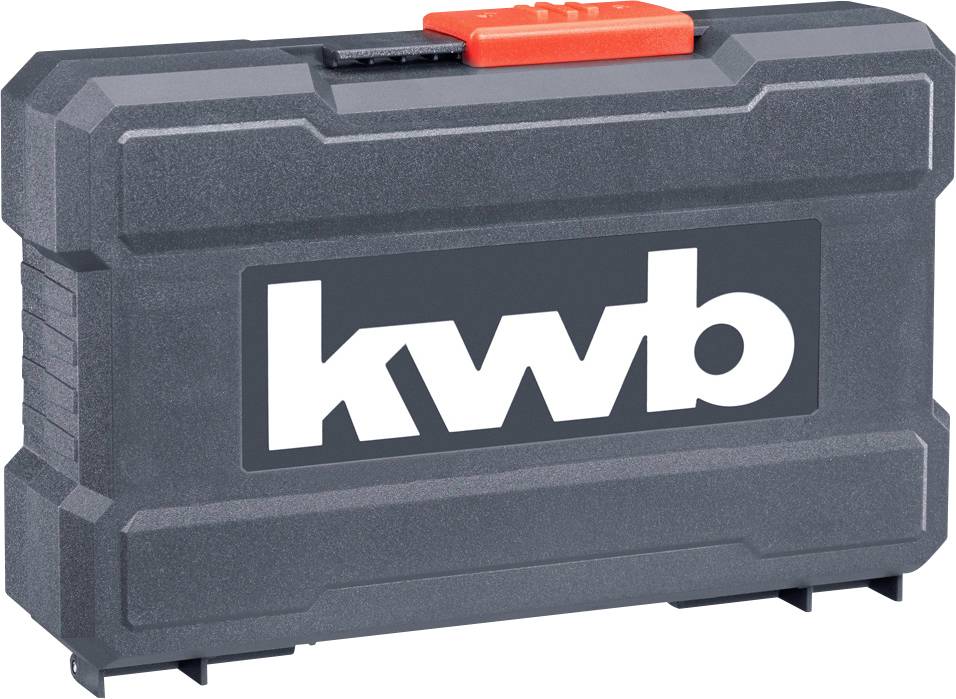 Ein schwarzer Werkzeugkoffer mit rotem Verschluss und weißem 'kwb'-Logo auf der Vorderseite.