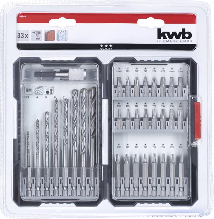 Kwb 33-teiliges Set mit Spiralbohrern und Bits, geeignet für Holz, Metall und Stein. Verpackung mit Bit-Halter und mehreren Größen.