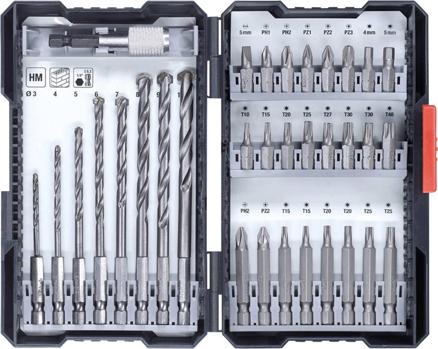 Bohrer- und Bit-Set in einer Box mit verschiedenen Größen und Typen. Enthält Kreuzschlitz-, Torx- und Inbus-Bits sowie Bohrer.