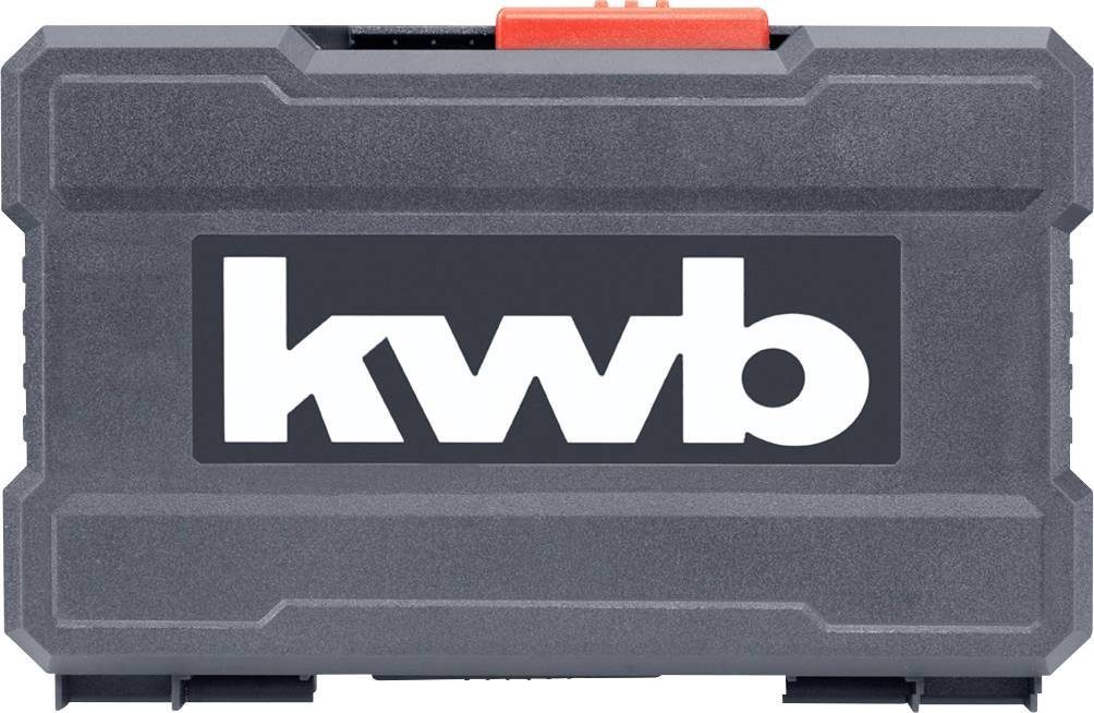 Ein schwarzer Werkzeugkoffer mit der weißen Aufschrift 'kwb' auf der Vorderseite, darüber ein roter Verschluss.