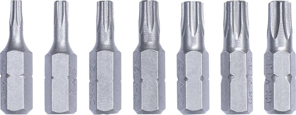 Acht Silhouetten von Schraubendreher-Bits in einer Reihe, von links nach rechts geordnet, jeweils mit unterschiedlichen Spitzenformen.