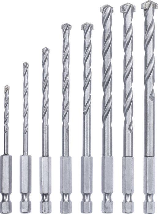 Satz aus acht Metallbohrern in verschiedenen Größen, von klein nach groß angeordnet.