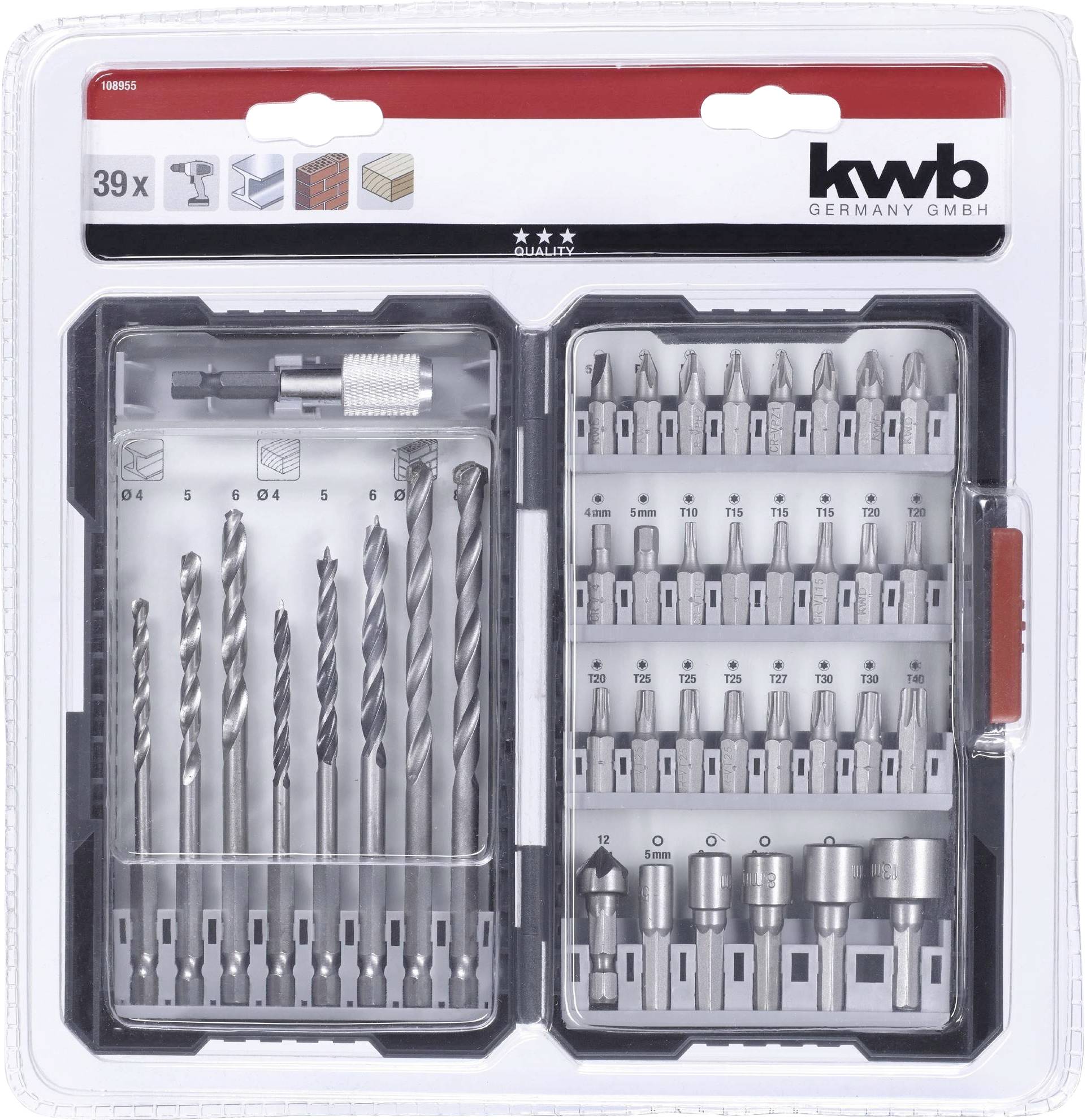 kwb 108955 39teilig Bohrer- und Bit-Sortiment Metall, Stein, Beton, Holz, Mauerwerk