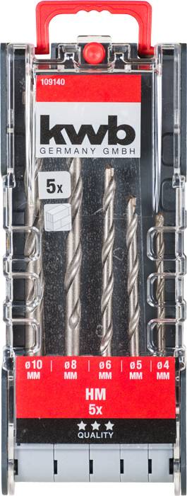 Fünf HSS-Bohrer von KWB in verschiedenen Größen (4 bis 10 mm) in einer transparenten Verpackung mit rotem Griff und Logos.