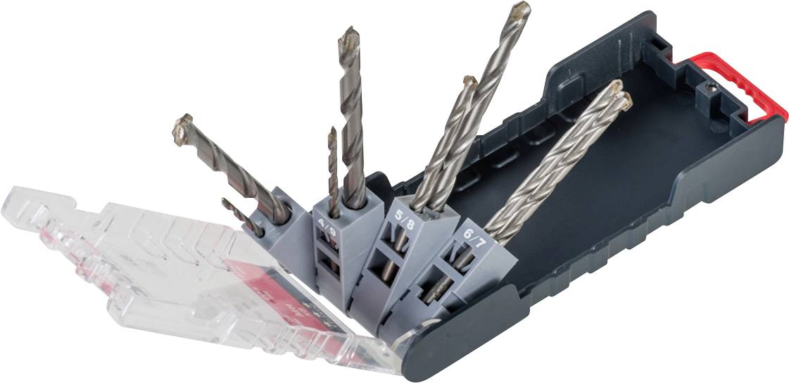 Bohrer-Set mit fünf verschiedenen Bohrern, die in einem aufklappbaren Kunststoffetui stecken. Etui ist teilweise transparent mit rotem Verschluss.