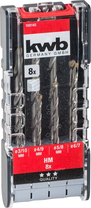 Bohrer-Set in Kunststoffbox; enthält 8 Steinbohrer mit Durchmessern von 3 bis 10 mm; Markenname 'kwb' auf der Packung.