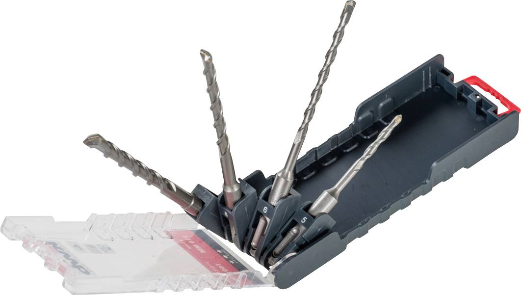 Bohrer-Set mit Kunststoffetui und fünf Bohrern unterschiedlicher Größe. Etui ist geöffnet, Bohrer stehen in Halterungen.