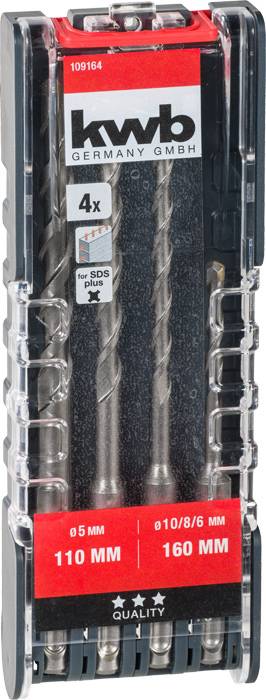 Bohraufsatz-Set in Verpackung mit drei Bohrern in den Größen 5 mm, 10 mm, und 8 mm, geeignet für SDS-Bohrmaschinen, Marke 'kwb'.