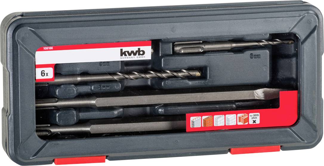 Werkzeugbox mit sechs Bohr- und Meißelaufsätzen in verschiedenen Größen. Verpackung mit Markenaufdruck 'kwb' und Symbolen.