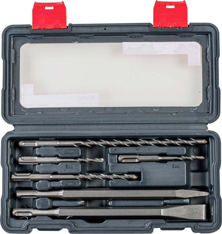 Ein Bohrer-Set mit verschiedenen Bohrern und Meißeln in einer offenen Plastikbox mit rotem Verschluss.