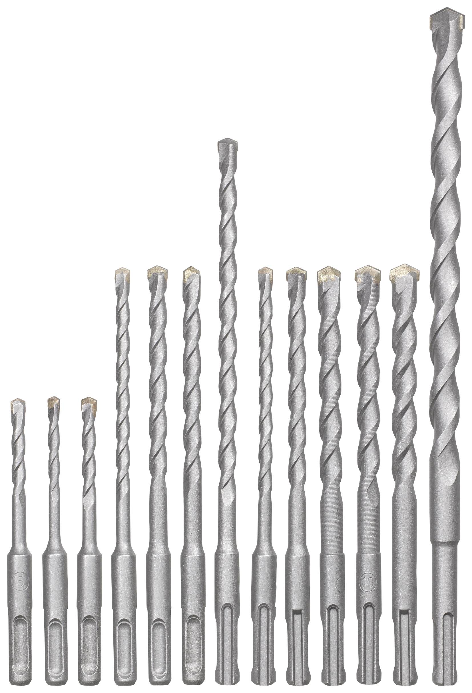 Eine Reihe von vierzehn SDS-Bohrern in verschiedenen Längen und Durchmessern für Stein- oder Betonbohrungen.