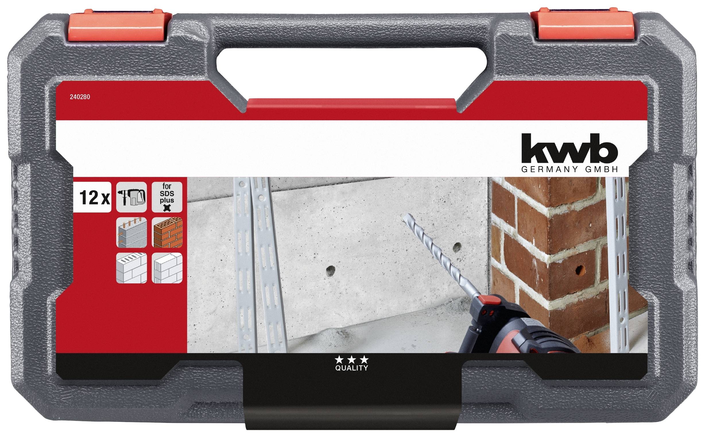 Bohrer-Set mit Bild eines Bohrers, der Beton und Ziegel bohrt. Texte: '12x Bits', 'Für SDS Plus'. Markiertes: kwb Germany GmbH.
