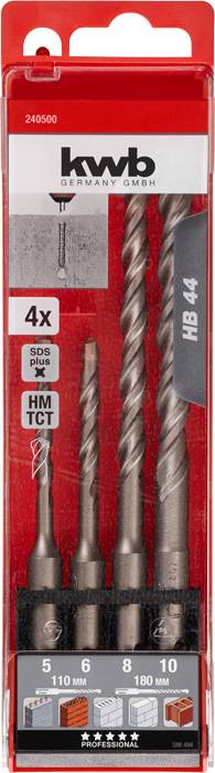 Kwb 240400 40CR-Stahl Hammerbohrer 4teilig 5 mm, 6 mm, 8 mm, 10mm Gesamtlänge 110mm SDS-Plus 1 Set