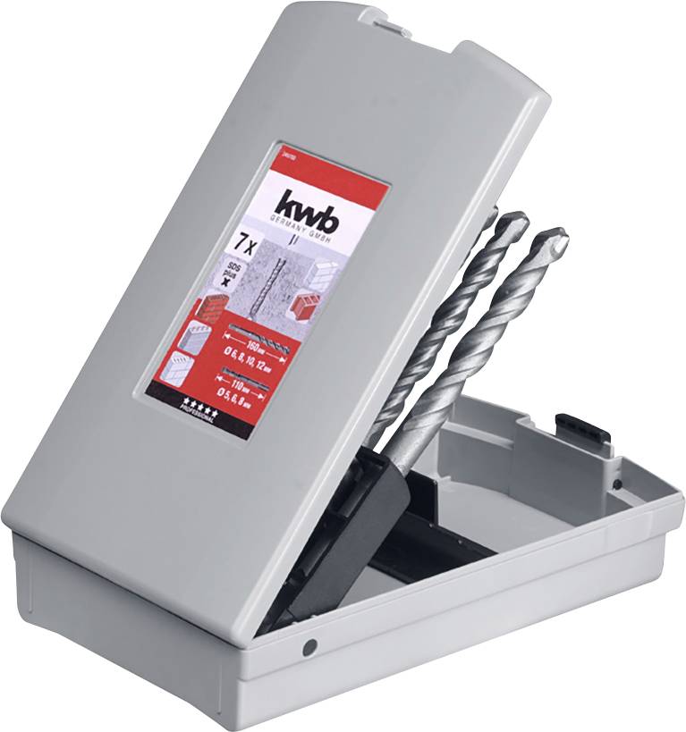 Grauer Bohrer-Setkasten mit drei Metallbohrern, die schräg in einer Halterung stehen. Auf der Außenseite ist ein Etikett mit Produktinformationen.