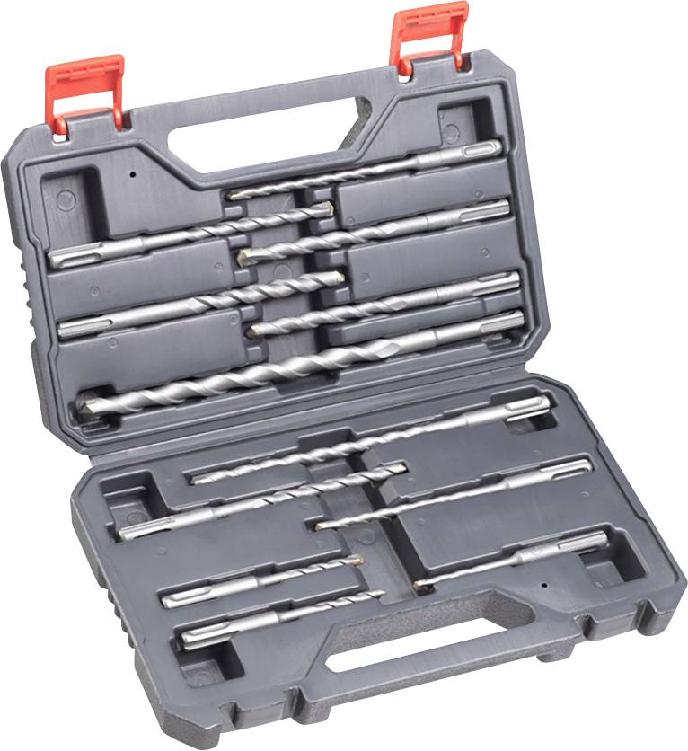 Ein Bohrer-Set in einem geöffneten Kunststoffkoffer mit verschiedenen Bohrern und Meißeln, angeordnet in entsprechenden Fächern.