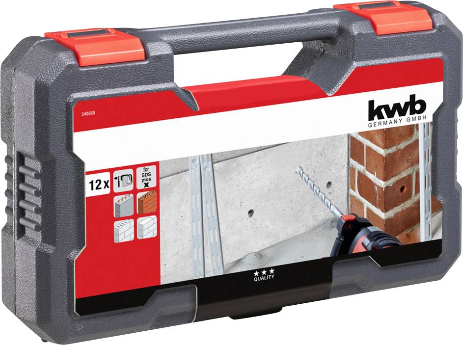 Werkzeugkoffer mit Bohrern, abgebildet auf Beton und Ziegelstein, Produktname 'kwb Germany GmbH', 12-teilig.