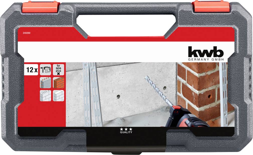 Hartschalenkoffer mit Bohrer-Set für Beton, Stein, Stahl (12 Teile). Abbildung zeigt Bohrer in Mauerwerk. Markennamen auf rotem Etikett.