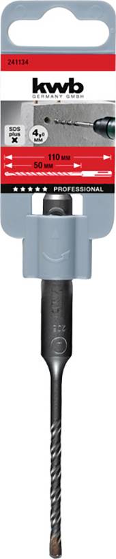 SDS Plus Bohrer von KWB, Länge 110 mm, Durchmesser 5 mm, für Beton geeignet. Verpackung zeigt Produktfoto und Markennamen.