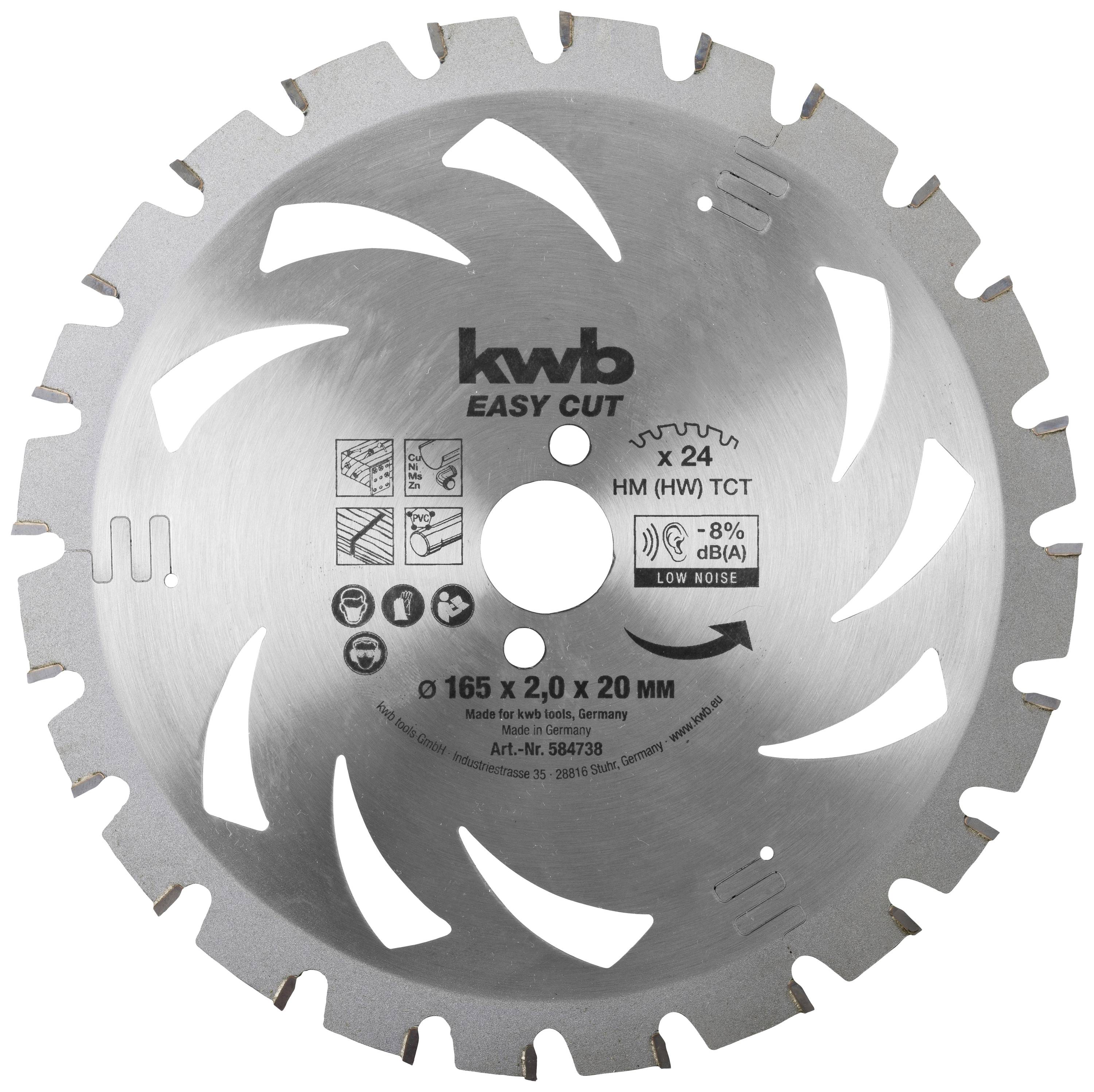 Runde Metallsägeblatt mit Zähnen und Zentrum, gebrandet mit 'kwb EASY CUT'. Aufdrucke enthalten technische Details und Piktogramme.