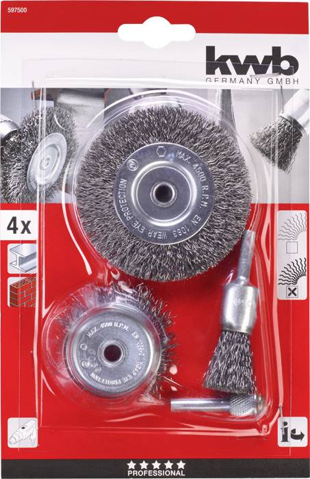Vierteiliger Satz aus Drahtbürstenaufsätzen in Kunststoffverpackung; für Bohrmaschinen geeignet. Enthält verschiedene Formen für diverse Anwendungen.