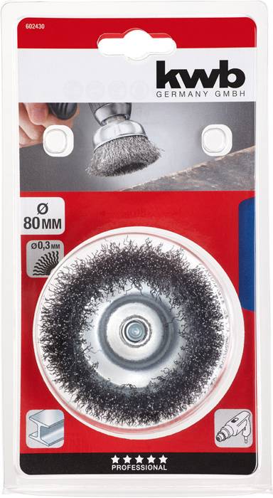 Verpackung einer kwb Stahlbürste, 80 mm Durchmesser. Geeignet für Bohrer, zur Reinigung von Metalloberflächen.