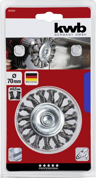 Drahtbürste, 70 mm, Made in Germany. Verpackung zeigt Anwendung am Metall. Geeignet für Bohrmaschinen, professionelle Nutzung.