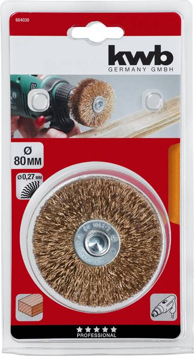 Verpackung einer Drahtbürste für Bohrmaschinen von 'kwb Germany'. Durchmesser: 80 mm, Drahtstärke: 0,27 mm. Geeignet für Holz.