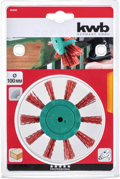 Drahtbürstenaufsatz für Bohrmaschine in Verpackung. Geeignet zur Rost- und Farbentfernung, Durchmesser 100 mm, Marke KWB.