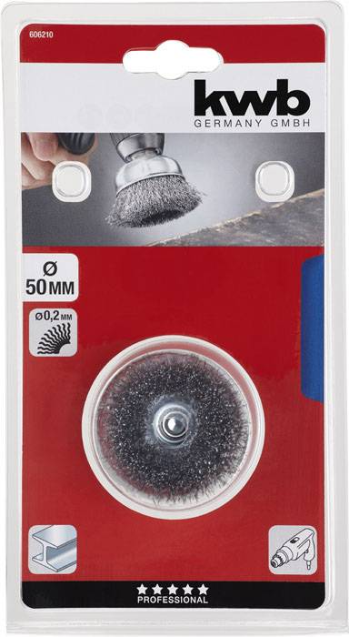 Verpackung einer Drahtbürste von kwb Germany GmbH. Ø 50 mm, 0,2 mm Drahtstärke. Geeignet für Metallbearbeitung mit Bohrmaschinen.