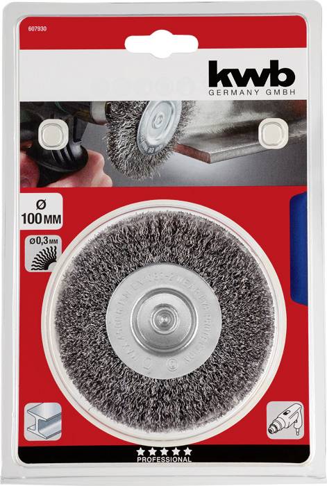 Eine Stahl-Drahtbürste von KWB für Bohrmaschinen mit einem Durchmesser von 100 mm, ideal zum Reinigen und Entrosten von Metalloberflächen.