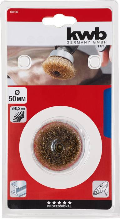 Runde Drahtbürste von 'kwb Germany GmbH' im Blisterverpackung, 50 mm Durchmesser, für Bohrmaschinen geeignet, 0,2 mm Drahtstärke.